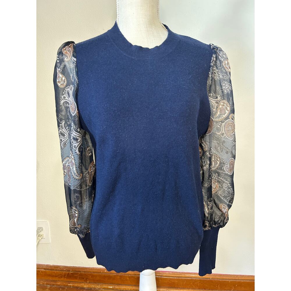 Six/Fifty Navy Knit Sweater Sheer Paisley Puff Sleeve Crewneck Medium